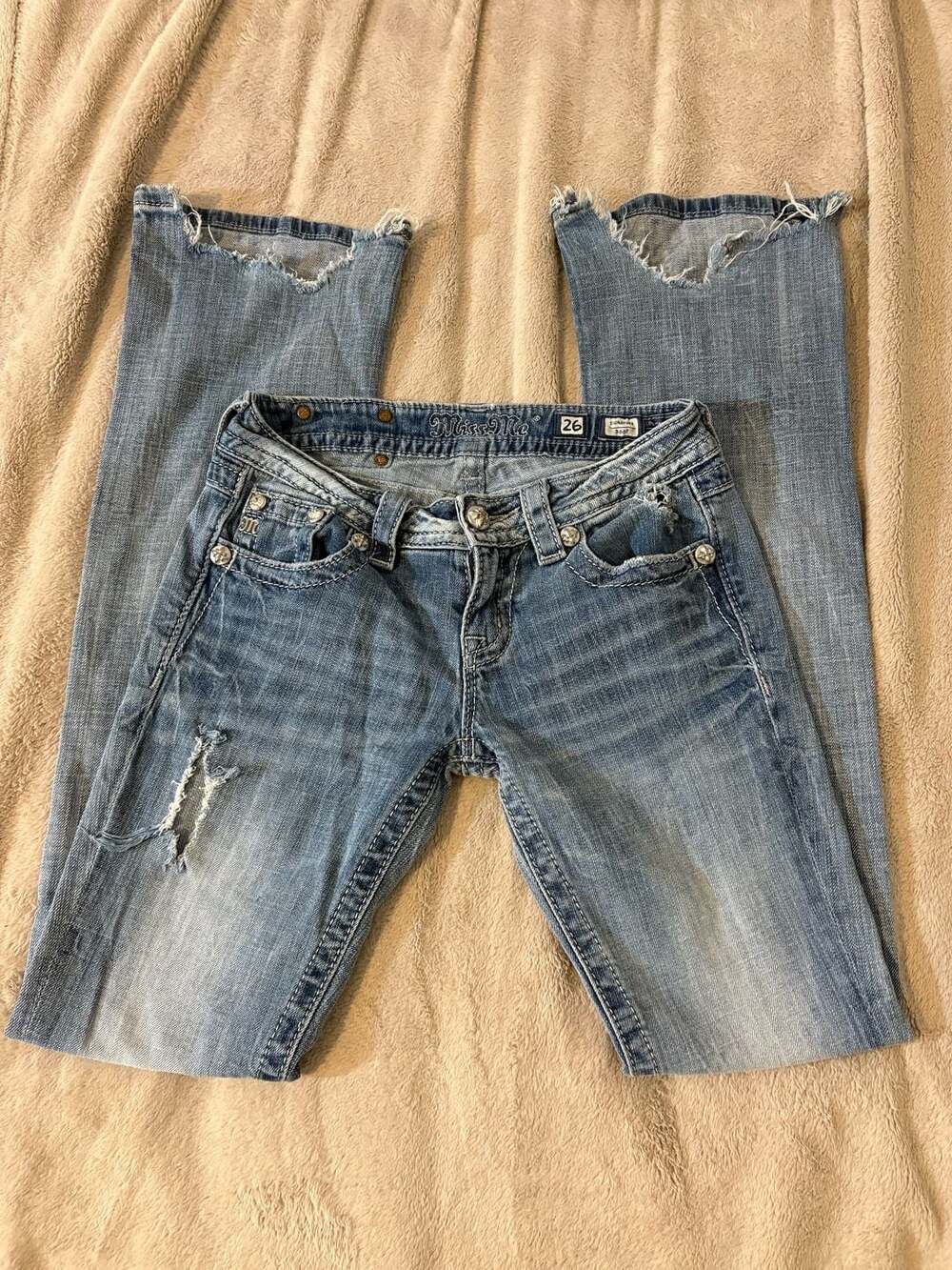 Miss Me Signature Bootcut Jeans Size 26 Blue Embellished Distressed
